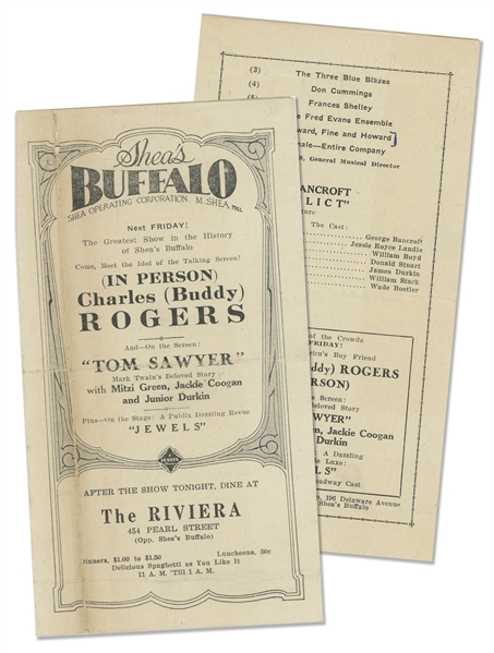 1930 Shea's Buffalo Program Advertising Howard, Fine & Howard Performance -- 4pp. Program With Covers Measures 4'' x 7.25'' Folded -- Closed Tear to Cover & Paper With Writing Glued to Back, Very Good